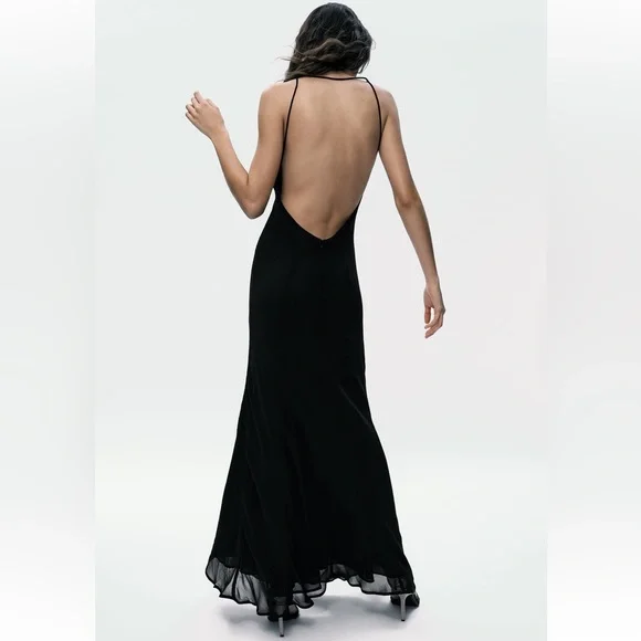 Last one 🚨Zara STRAPPY GAUZE Maxi Dress V-neck Open back strap Lining M NWT - Picture 3 of 13